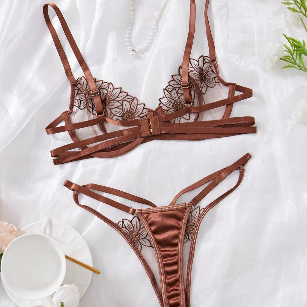 Embroidered Mesh Low-Waist French Lingerie Set