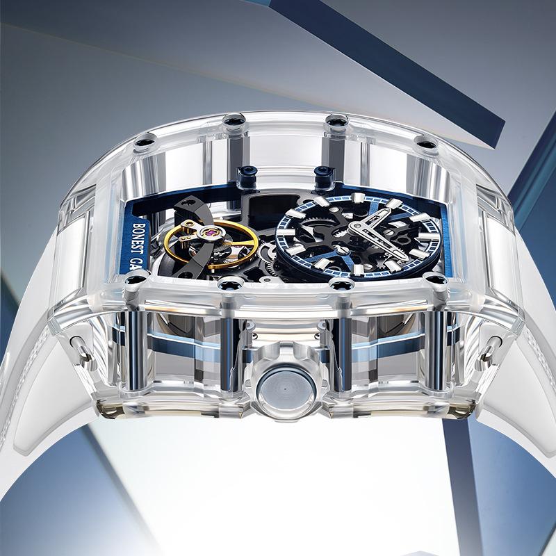 Bonest Gatti Uhren Herren-Armbanduhr, doppelt ausgehöhlt, automatische mechanische Uhr, Acryl-Tourbillon-Uhr