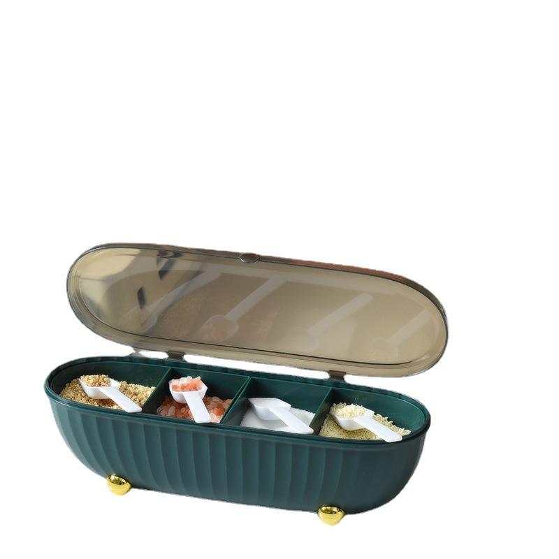4 Grid Seasoning Box with Spoon Kitchen Organizer Tools Storage Boxes Spices Sugar Salt Dust-proof Spice Jar
