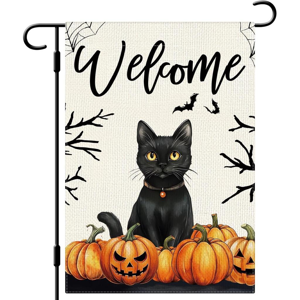 Black Cat and Jack O' Lantern Garden Flag | Double Sided Vertical Polyester Farmhouse Yard Sign for Holiday Seasonal Outdoor House Decoration