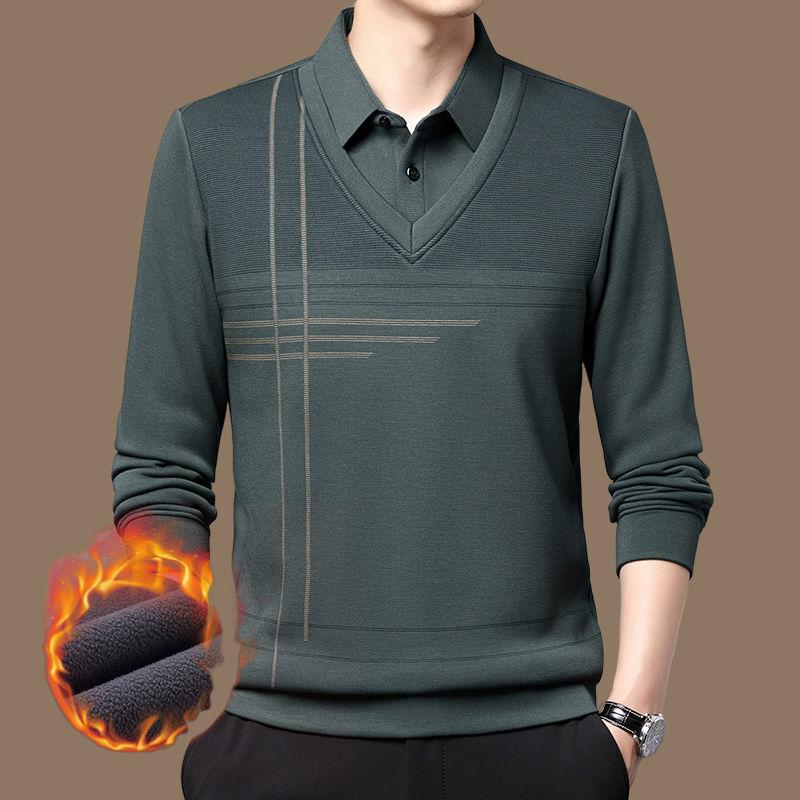 Winter Fake Two Pieces Polo Shirts Turn-down Collar Plus Fleece Thicken Casual Pure Cotton Patchwork Cootrast Color Tops