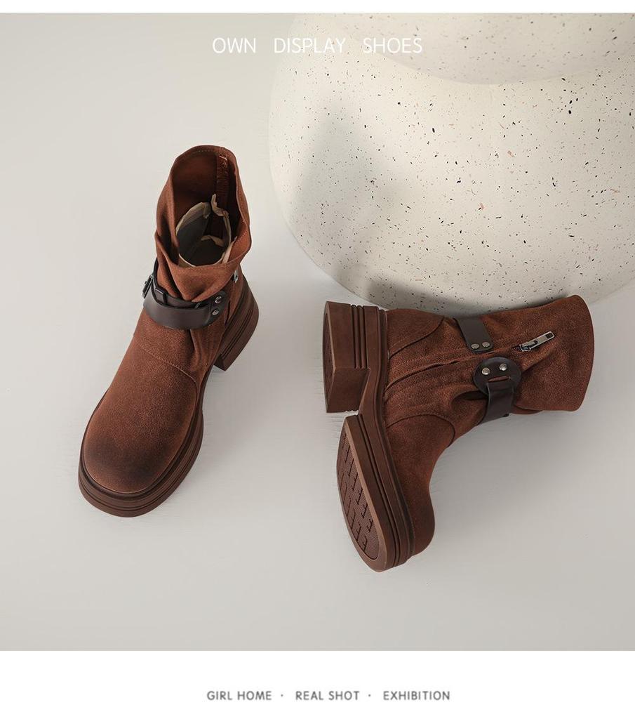 Women's Vintage Round Toe Leather Ankle Boots - Thick Sole, Chunky Heel, Short Tube for Autumn/Winter