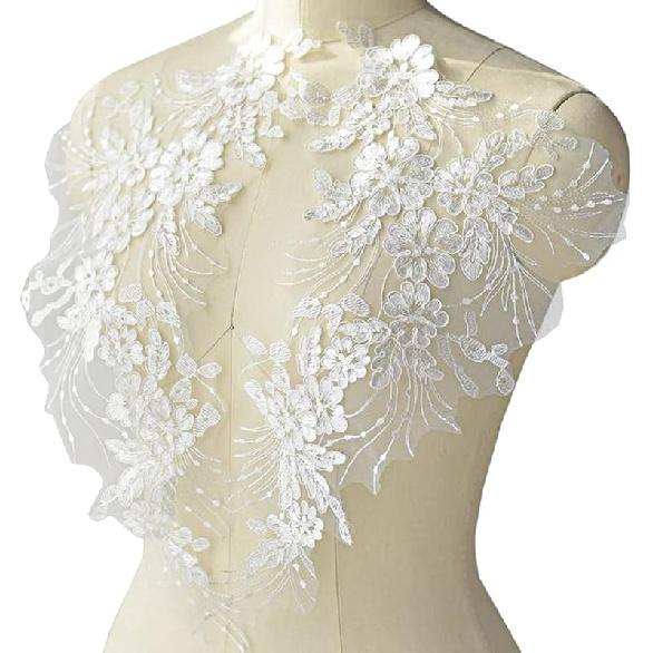 Flower Embroidery Sequin Lace Appliques Trim Floral Embroidered Sew on Patches for Wedding Bridal Dress Party Gown Bodice Craft DIY, 1 Pairs (White)