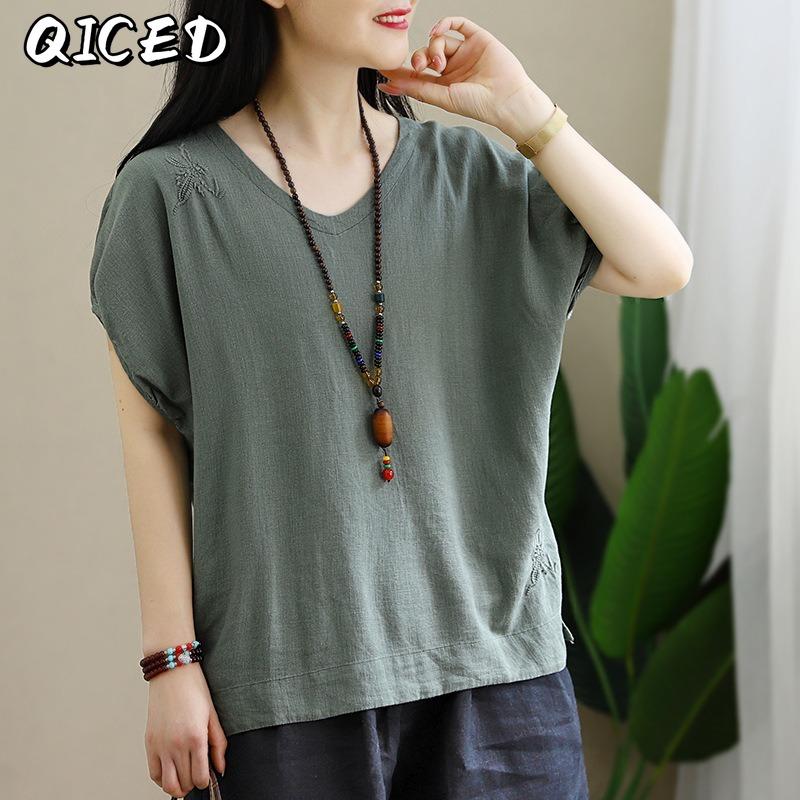 QICED Women's Fashion Casual Solid Color Print Short Sleeve V Neck Blouses & Shirts