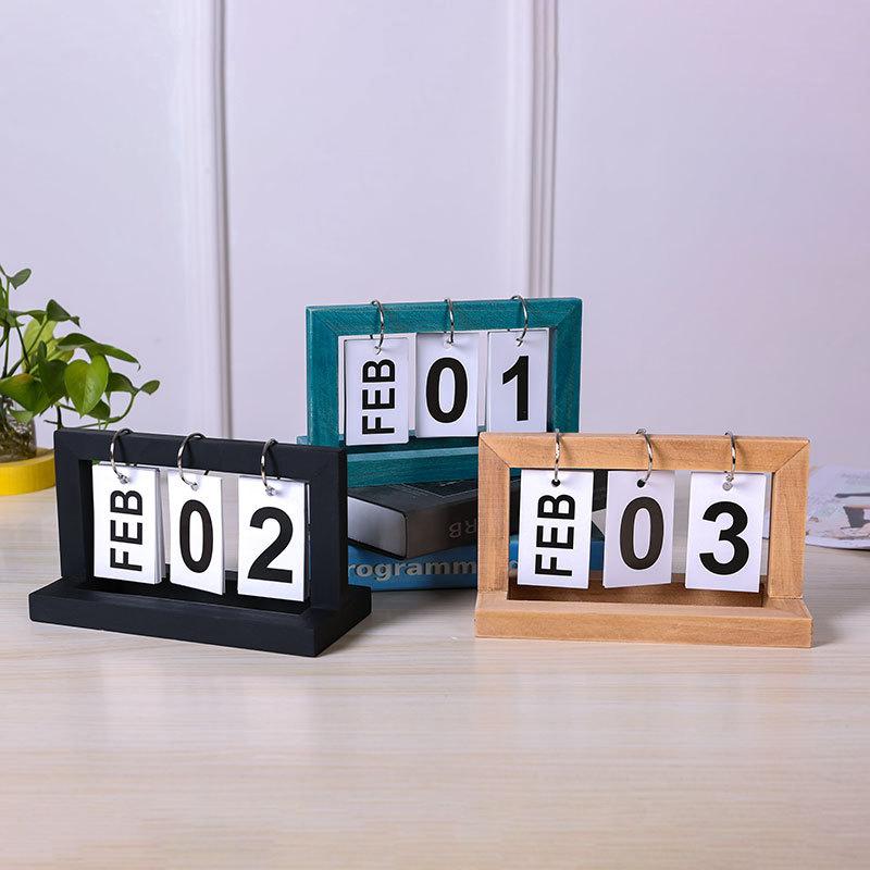 Wooden Perpetual Flip Calendar Simple Minimalist Design Desktop Ornament for Home Study Dorm Office Desk Decor