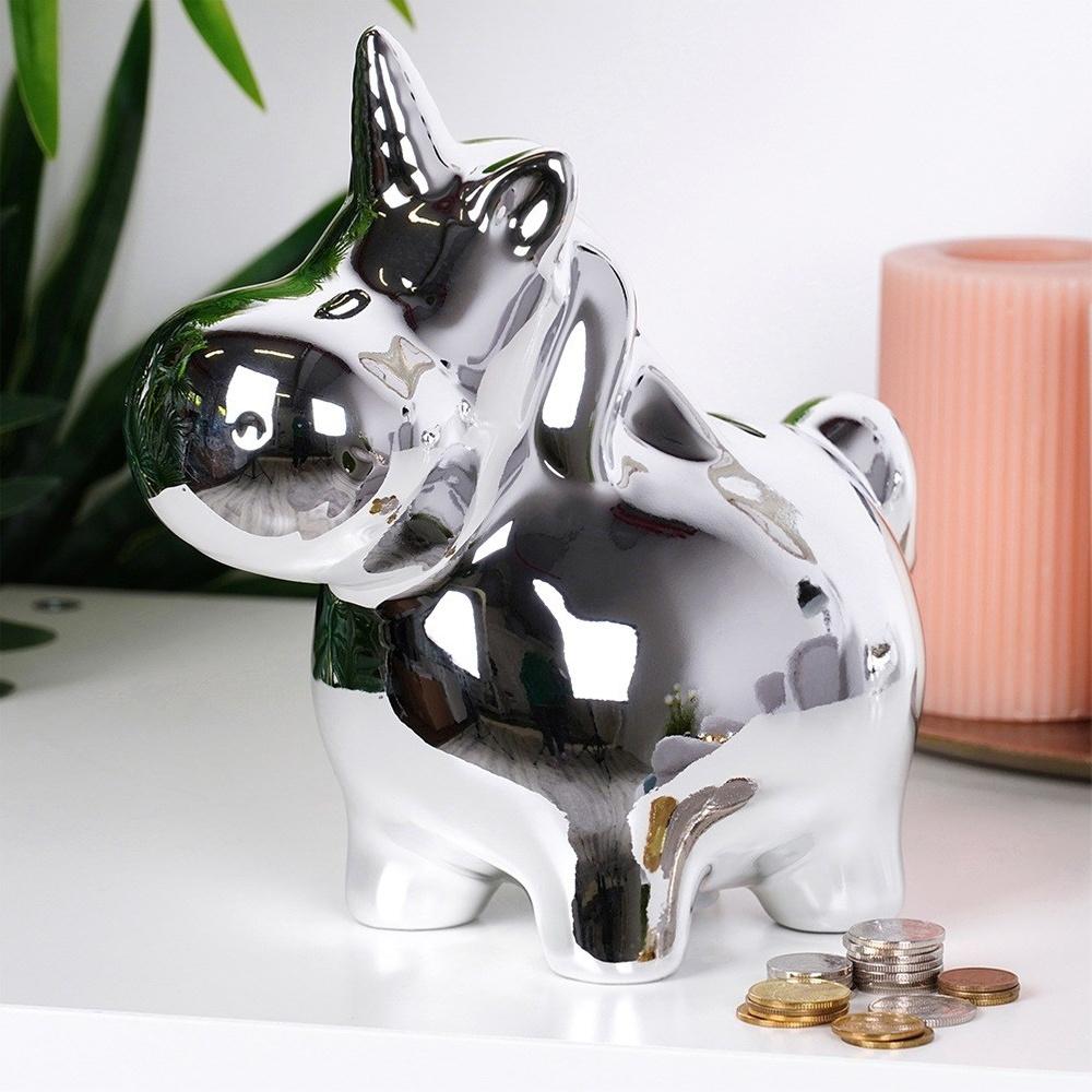 Ceramic piggy bank, silver mirror finish, 18x10.5 cm