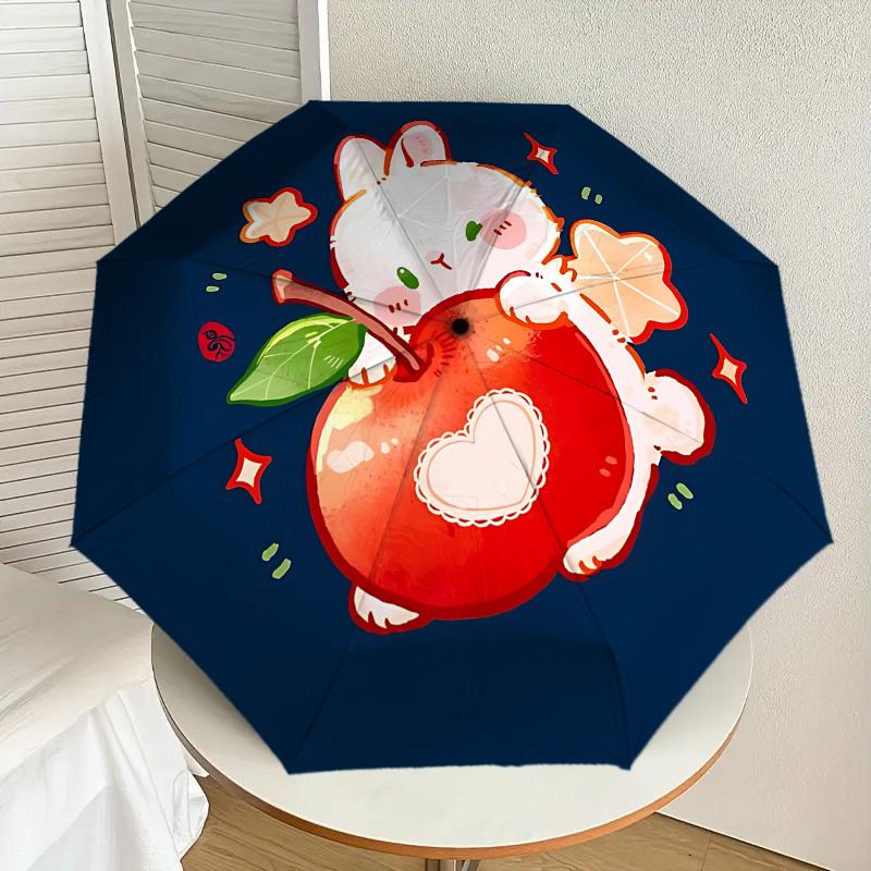 Entzückliches Kaninchen mit Apfel-Regenschirm: Ein perfektes Geschenk für Outdoor-Abenteuer - Automatisches Öffnen und Schließen, Leichtes und Langlebiges Reiseaccessoire 048