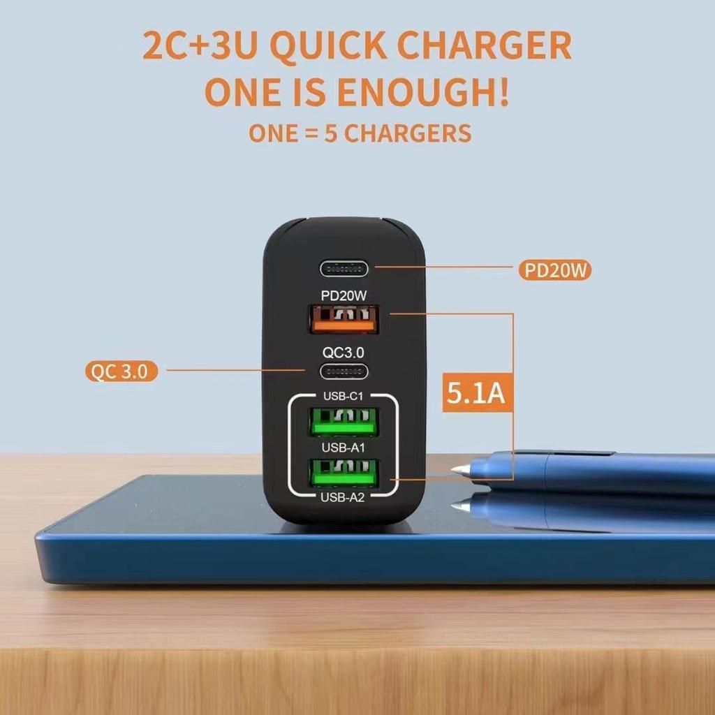 65W Multi-Port Travel Charger: 2C+3A, EU/US/UK Standards, 38W Fast Charge