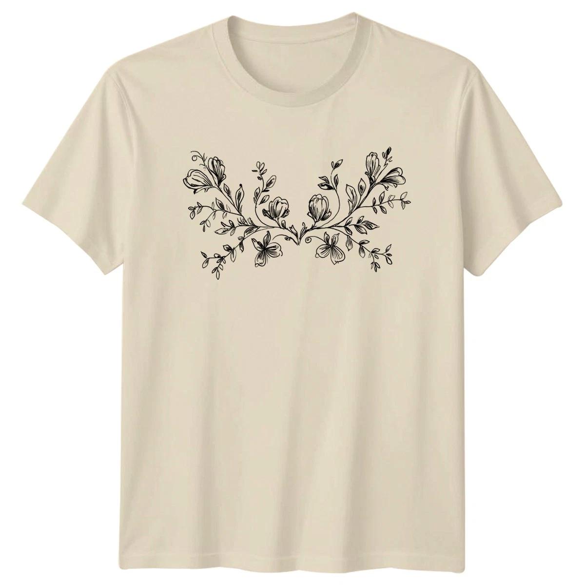 Hand Drawn Black And White Botanical Womens T-Shirt Floral Line Art XXXXL