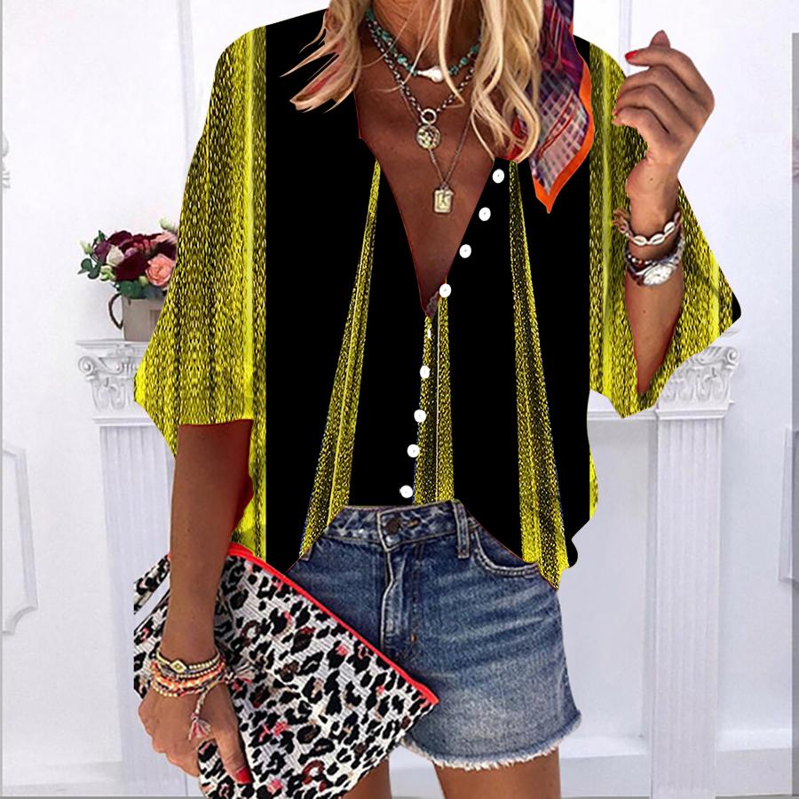 

2023 Лето Осень Новые модные женские топы Зеленая пагода с принтом до половины рукава Повседневная рубашка больших размеров на пуговицах с объемными рукавами 6XL жёлтый