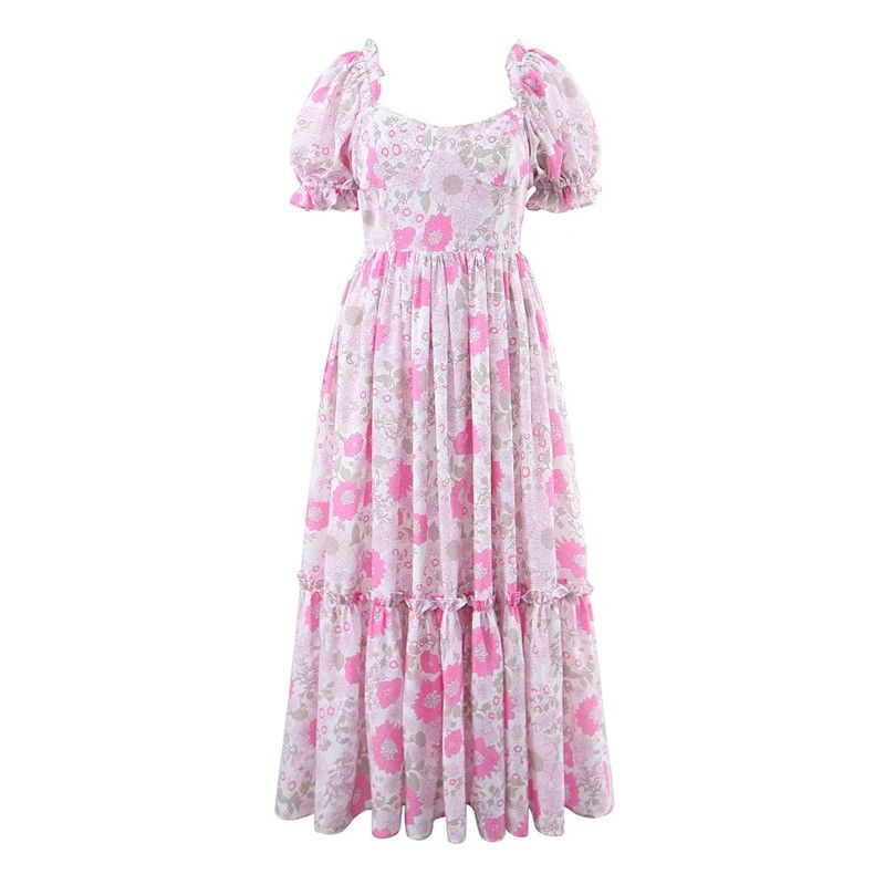 

Pink Fairy Puff Sleeve Dress Dress Flowers Pink Flower Print(High quality) L