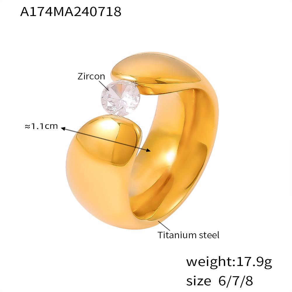 European & American Style Wide Band Zircon Ring with Retro Design in 18k Gold-Plated Titanium Steel Size 7