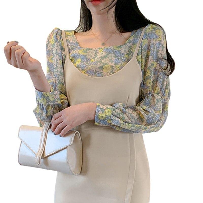 Women's Floral Shirt Korean Style Square Collar Sexy Sweet Long Sleeves Chiffon Blouse Tops