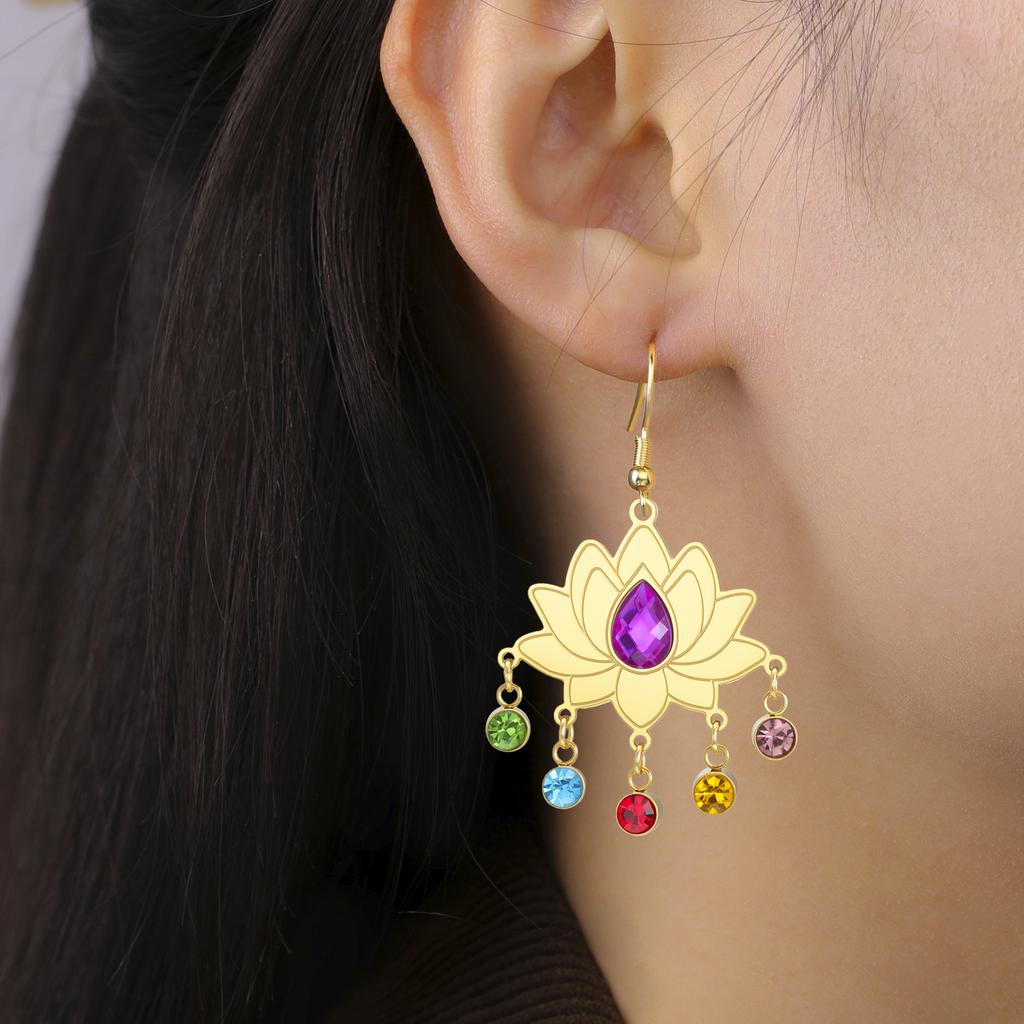 Cazador Lotus Flower Om Symbol Drop Earrings for Women Stainless Steel 7 Chakra Yoga Meditation Jewelry Earrings Amulet Gift