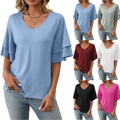 Damen Frühling Sommer Einfarbig V-Ausschnitt Lotusblatt Ärmel Kurzarm T-Shirt Top für Damen Hemd