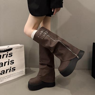 Stiefel Damen dicke Sohlen erhöhen die Höhe 2025 Herbst und Winter neue Muffin plissierte gestapelte Hosen Röhrenstiefel Kleine hohe Stiefel