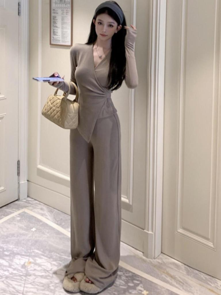 Irregular Slim Fit V-neck Top & Micro Flare Wide Leg Pants Set for Women - Autumn Collection 2026