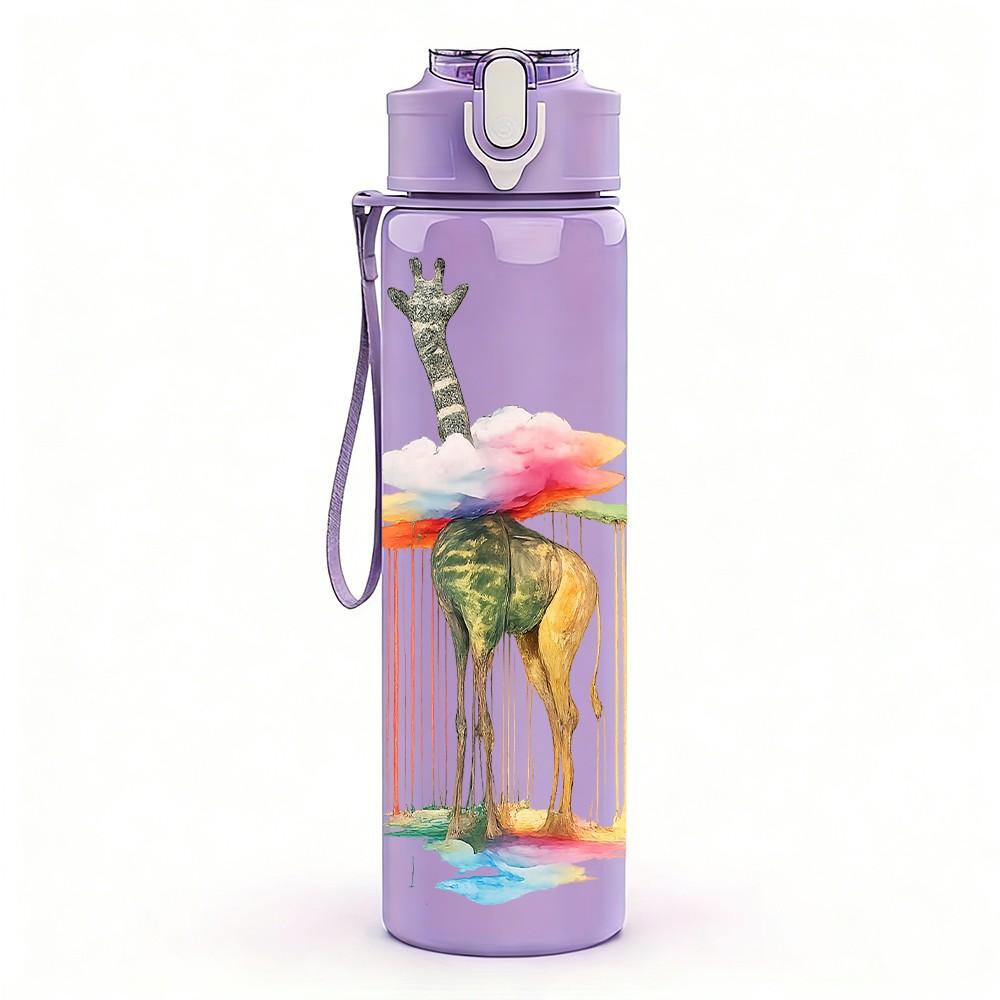 1PC Giraffe Watercolor Animal Print 750ml Color Plastic Sports Water Bottle Leakproof Flip Straw Lid Suitable for Sports Office Home Use