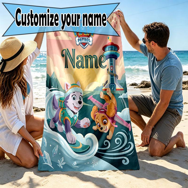 Custom Name Personalized PAW Patrol Print Beach Towel, for Trip Camping Beach Party Home Decor, Birthday Gift for Family & Friends