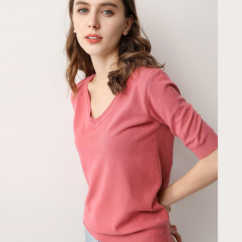 GMXIA Spring Summer Fashion Solid Color V-neck Pullover Knitted Sweater for Women