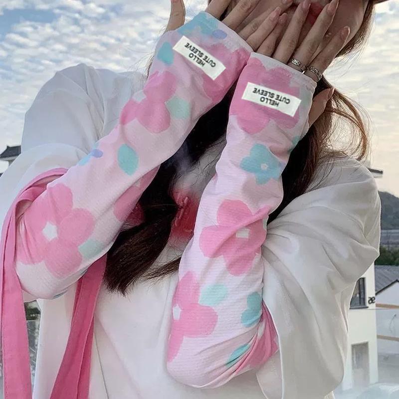 Sports Ice Arm Summer Printed Half Finger Gloves UV Sun Protection Cuff Cover Thin Long Gloves Elastic Sunscreen Sleeves