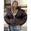 Women Autumn Hooded Short Cotton Coat Casual Brown Stand Collar Full Sleeve Loose Jacket Chic Lady Winter Office Commute Outwear
