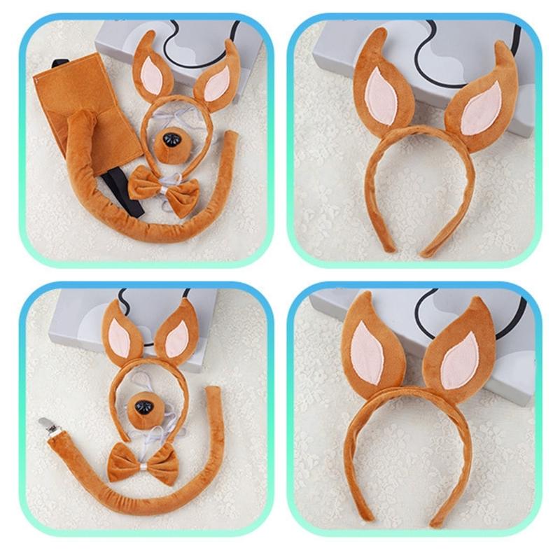 Dogs Hair Hoop Set Foxes Ears Headband Plush Tail Bowtie False Nose Animals Costume Set for Halloween Cosplay Party