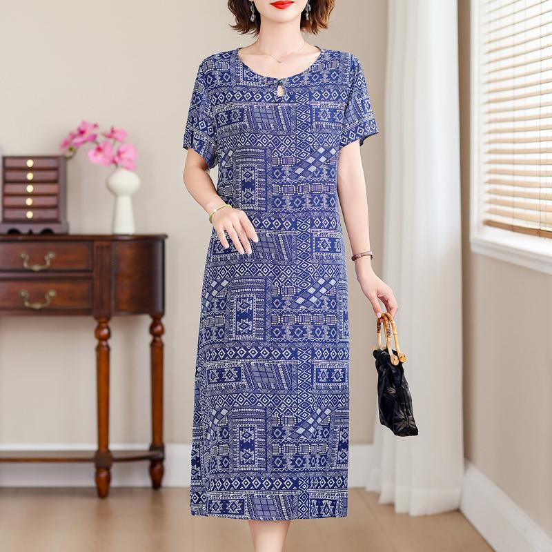 Elegant Long Dresses for Women Plus Size Loose Short Sleeve Vintage Dress Summer Middle-aged Women's Clothing