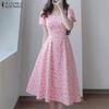 ZANZEA Women Lace Splice Square Neck Casual Short Sleeve Print Dress