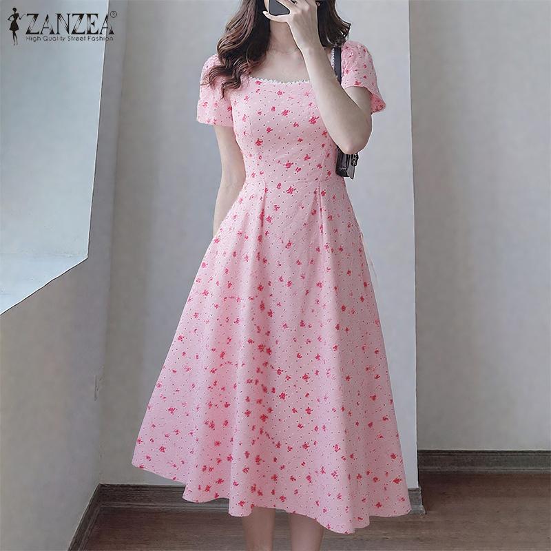 ZANZEA Women Lace Splice Square Neck Casual Short Sleeve Print Dress
