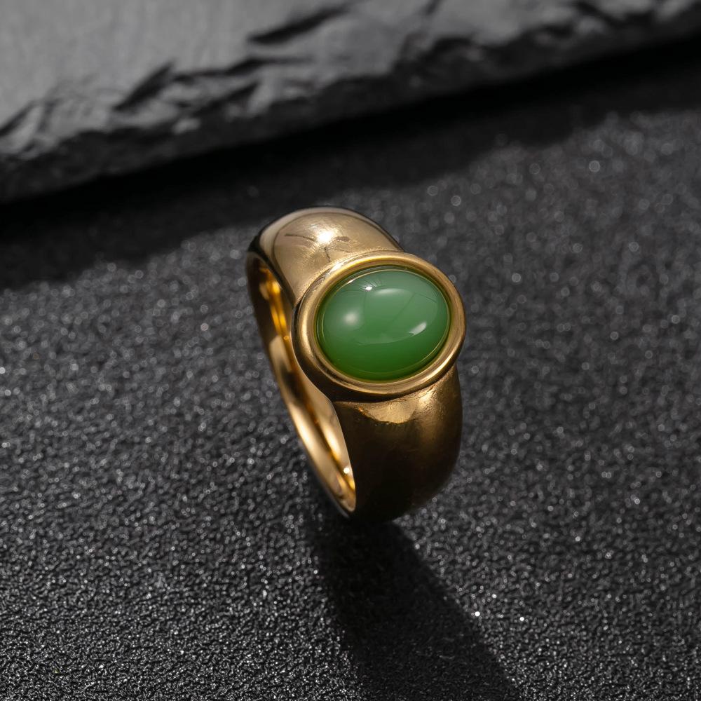 Neuer Vintage Ovaler Natursteinring für Damen Edelstahl Goldfarbener Ring Party Schmuck