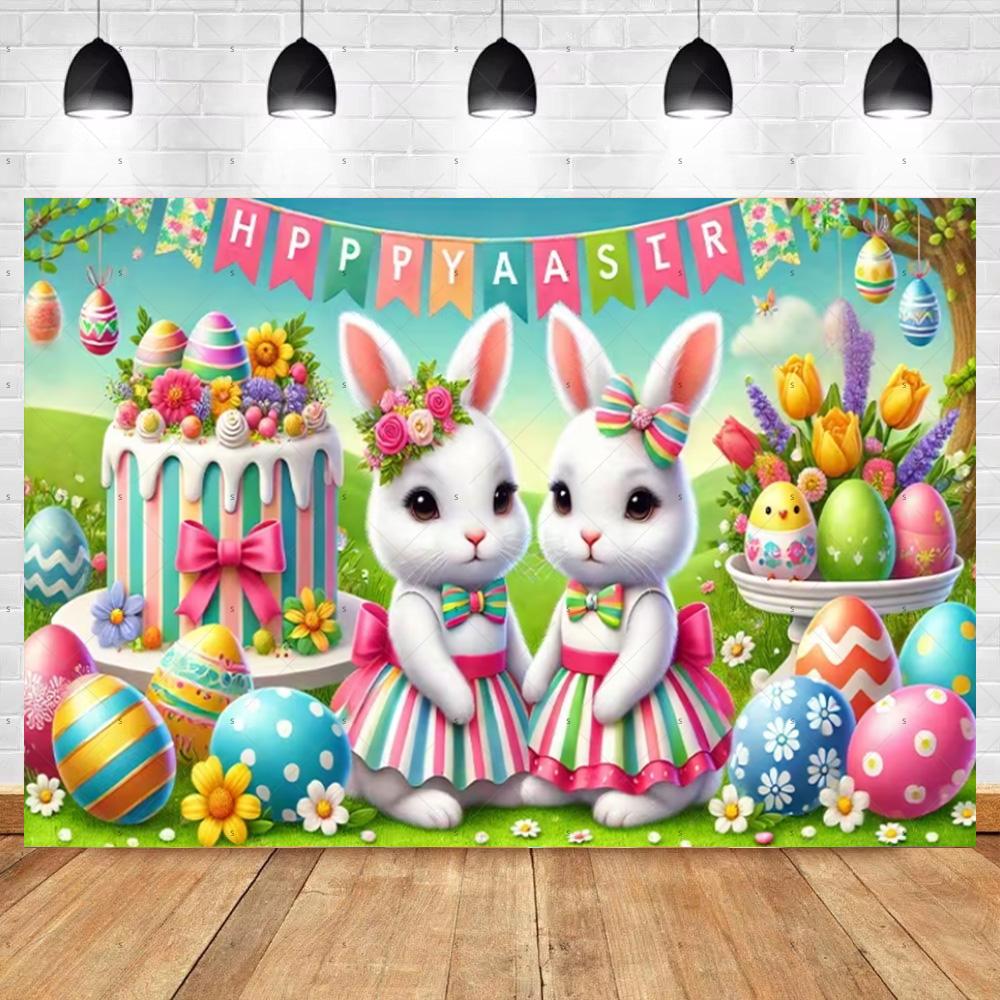 Spring Vibrant Rabbit Backdrop Supplies Happy Easter Theme Background Banner Bunny Easter Eggs Party Decoration Photography Prop