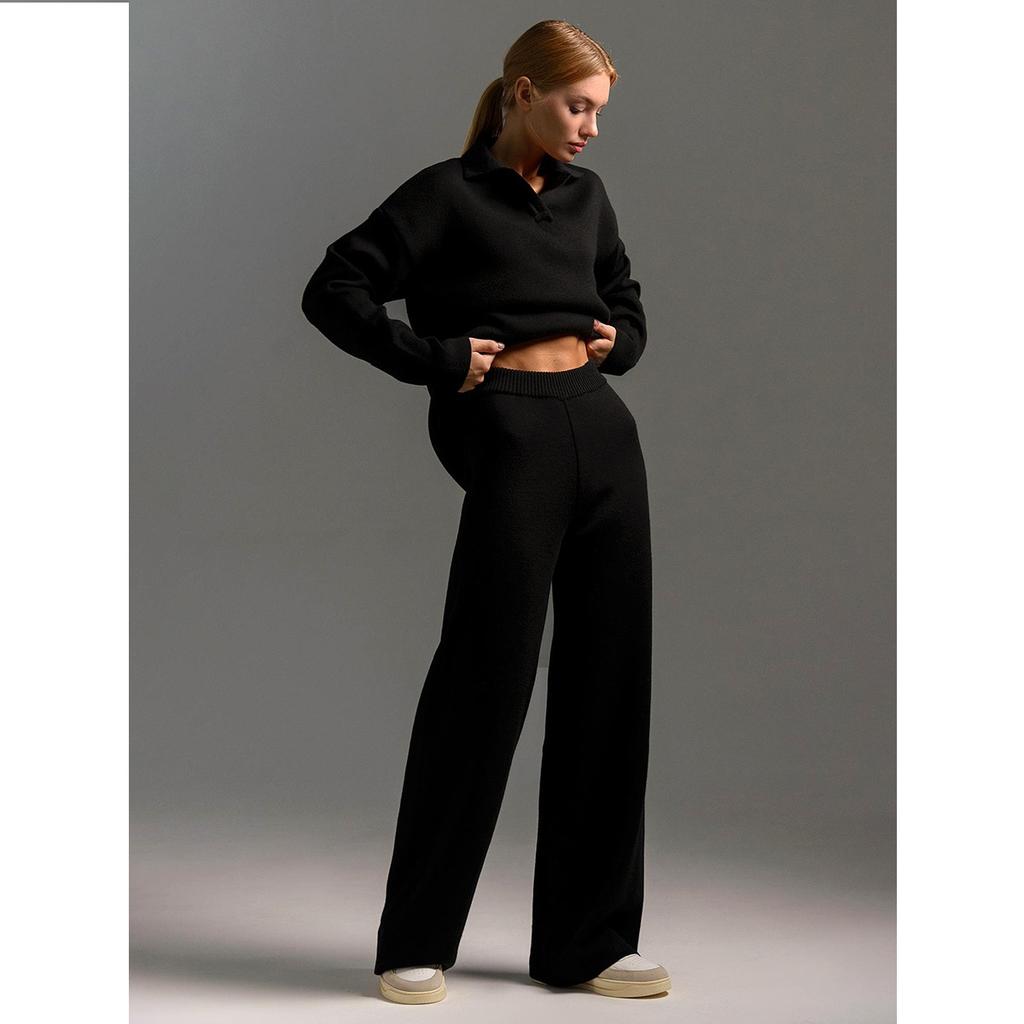 Solid Color Lapel Sweater Set Knit Sweater+straight Leg Wide Leg Pants Two-piece Set High Neck