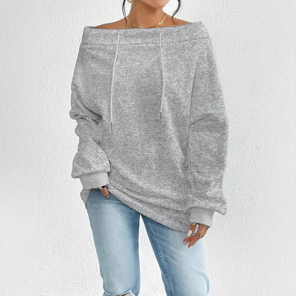Spring and Autumn Women's Sexy Off Shoulder Drawstring One Shoulder Loose Sweatshirt From Europe and America
