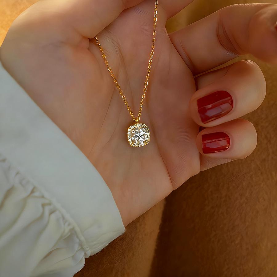 S925 Sterling Silver Square Pendant Necklace with Zirconia, Women's Light Luxury Clavicle Chain, 2025 Design.