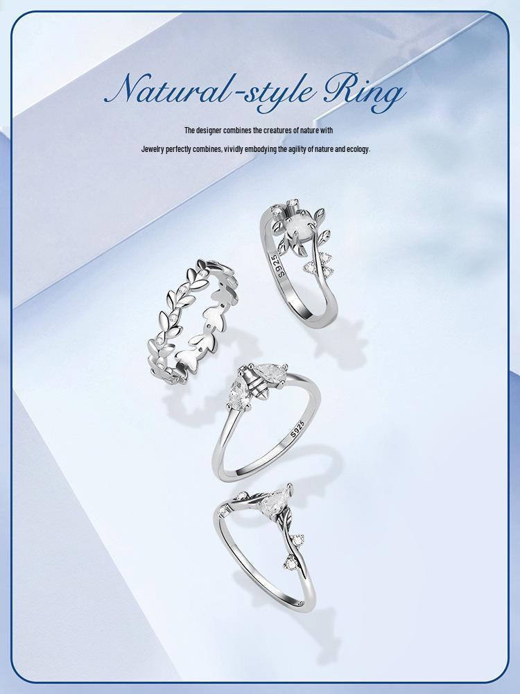 Versatile Everly Sterling Silver Leaf Ring with Rhodium Plated Zircon Band