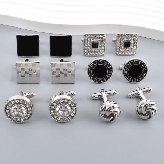 1 Pair Men Cufflinks Polished Smooth Surface Rhinestones Inlaid Rectangle Round Twist Shape Suit Shirt Cufflinks Button Replacement Accessories