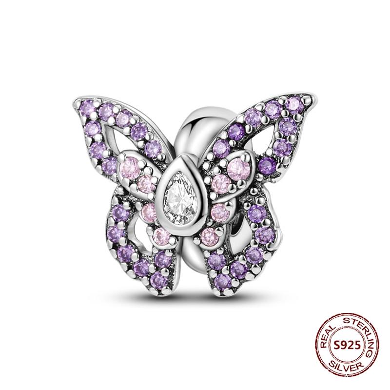 Butterfly Charm copper Authentic Pink Blue Zircon Fly Butterflies Safety Chain Clip Charm Bead Charms Compatible With Bracelets Do It Yourself Jewelle