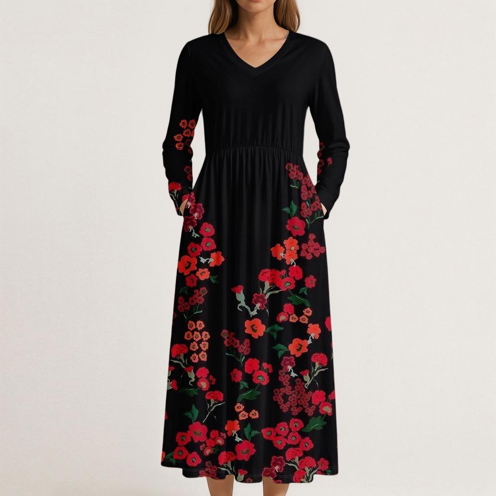 Šaty Pro Ženy Dlouhé Boho Plážové Šaty Elegantní Maxi Šaty Výstřih do V Dlouhý Rukáv Šaty s Kapsami
