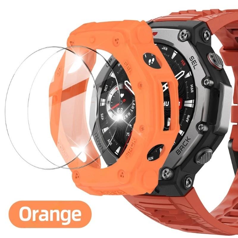 Anti-scratch Screen Protector Tempered Glass Film with Bumper Silicone Protective Cover for Amazfit T-Rex 3 Pro T-Rex3