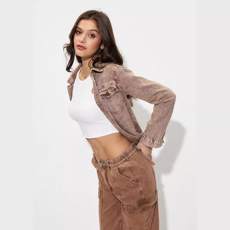 2025 Fashion Vintage Denim Shirt Jacket Women's Autumn Single Breasted Casual Loose Spring Coat Turn-down Collar Solid Color Outwear