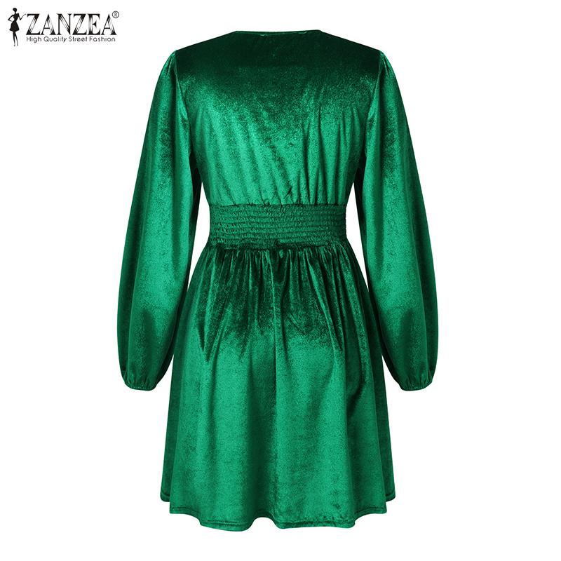 ZANZEA Women Elegant V-Neck Long Sleeve Waisted Knitted A-Line Dresses