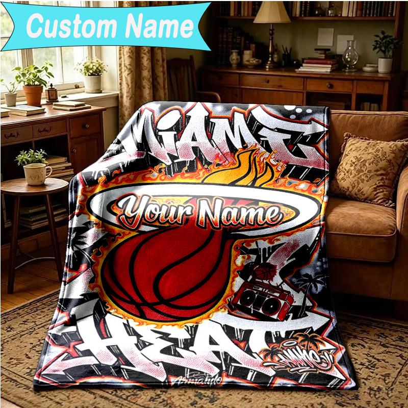 1PC Custom Name Blanket Heat Miami Team Spirit Flannel blankets Patterns Throw Blanket All-Season Soft Gift for Couch, Bed, Camping, Birthday gifts