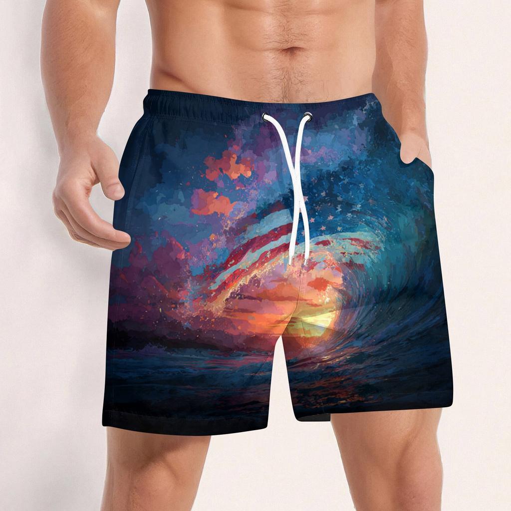 Men Swim Trunks Quick Dry Board Shorts with Drawstring Waistband Mesh and Side Pockets USA Flag Print Beachwear