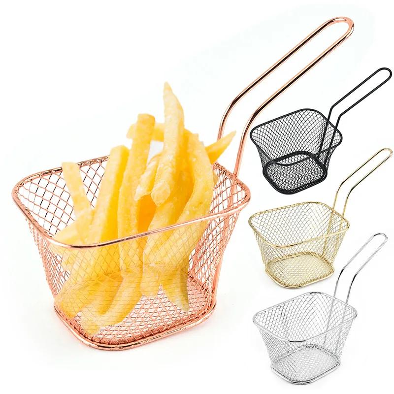 Mini Square Fry Basket Metal French Fries Chips Holder with Handle Desk Food Presentation Mesh Basket Kitchen Accessories Tools