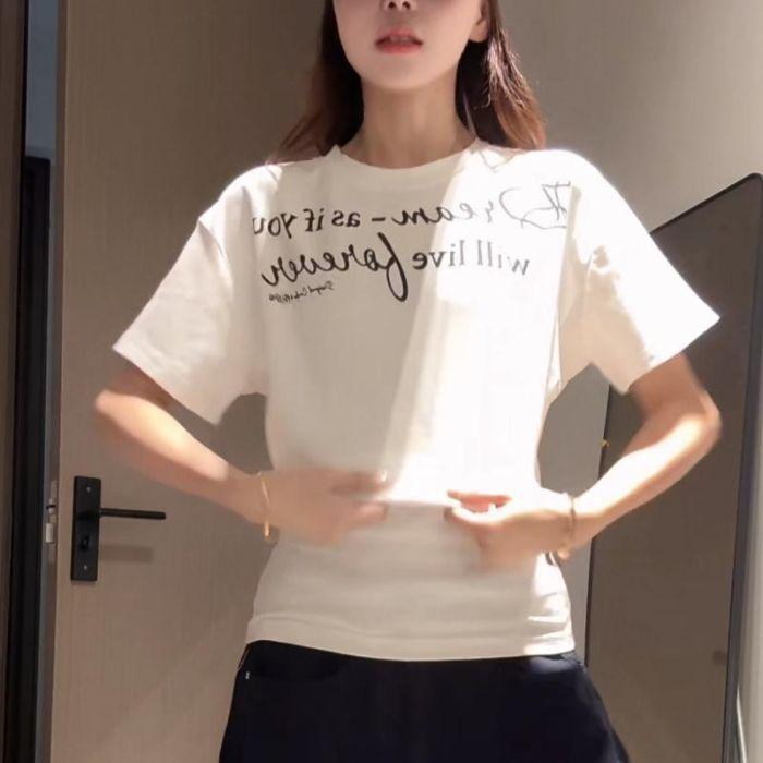 

Letter print short-sleeved t-shirt 2025 summer new slim-fitting waist pinch and thin design front shoulder top women XL білий
