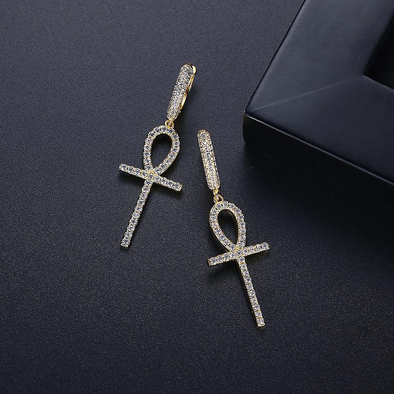 LUOTEEMI Micro Inset AAA Cubic Zirconia CZ Fashion 18K Real Gold Clip on Earrings Ankh Cross Hoop Earrings Men Hips Hops Jewelry