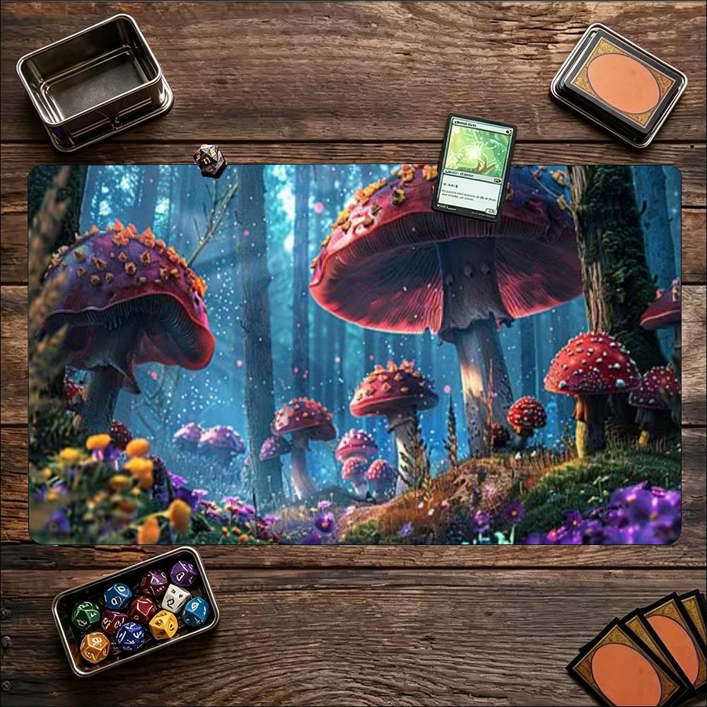 Magical Enchanted Mushroom Forest Large Game Playmat Non Slip Rubber Table Mat Stitched Edge For Card Game Laptop Gaming