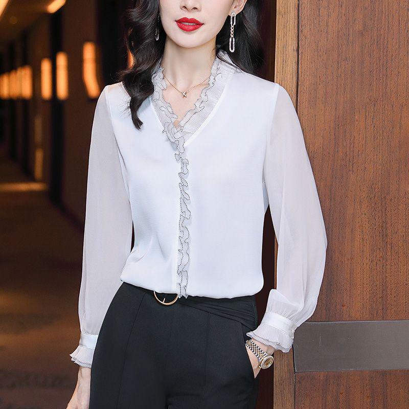 2024 Spring/Autumn Women's Chic Long Sleeve Ruffle Blouse - French Style Chiffon Top