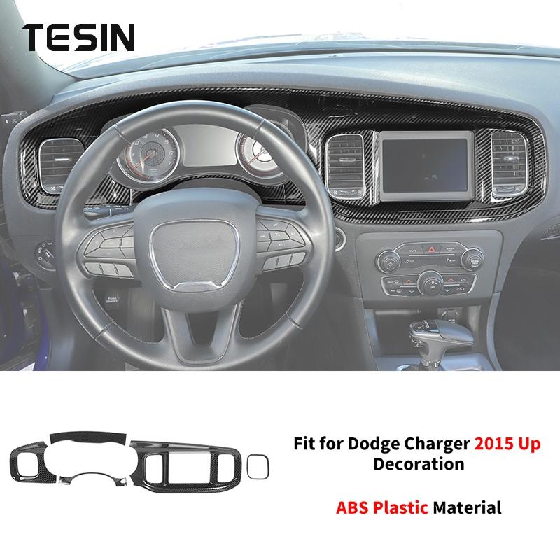 Car Carbon Fiber Grain Central Control Steering Wheel Gear Shift Decoration Cover for Dodge Charger 2015 Up Interior Accessories